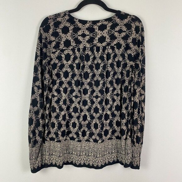 Lucky Brand Black Tan Patterned Button Cuff Sleeve Blouse XL Boho Peasant - Picture 7 of 11